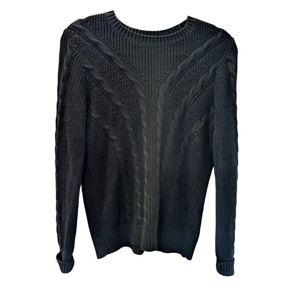 Lauren Ralph Lauren Black Label Cable Knit Sweater Black Crew Neck Pullover Sz M - Picture 1 of 8
